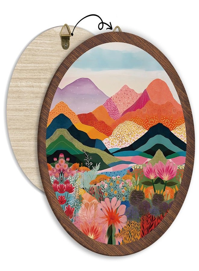 Xeqej Boho Colorful Landscape Hanging Wall Decor, Abstract Mountain Round Wooden Wall Art, Nature Floral Western Boho Decorations for Aesthetic Apartment Home Living Room Bedroom Bathroom Kitchen Office, 16 - Image 1
